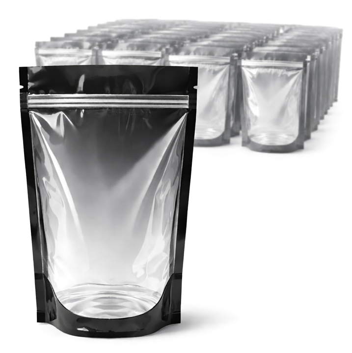 Xtractor Depot - Glossy Stand Up Barrier Pouches Clear Front Black Back 32oz Pack Of