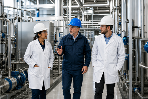 Engineer reviewing process equipment layout and technical drawings during an industrial lab buildout peer review.