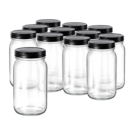 Glass Jar w/ Black Metal Lid | 32oz | Pack of 12
