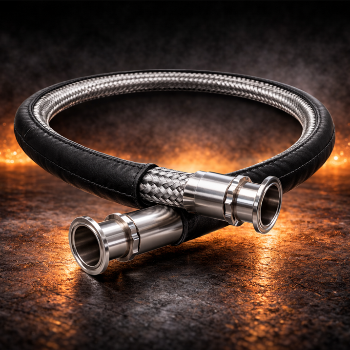 Xtractor Depot - S.S. Braided Smooth Bore PTFE Anti Static Hose W 1.5 Tri Clamp Pyro Jacketed Sleeve Food Grade 100 F To 4