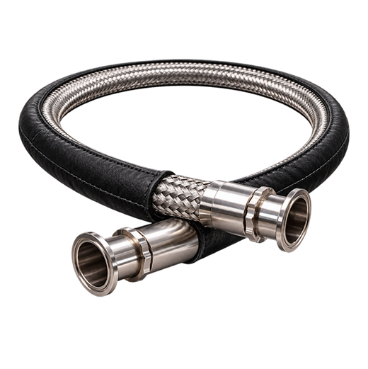S.S. Braided Smooth Bore PTFE Anti-Static Hose w/ 1.5" Tri-Clamp & Pyro-Jacketed Sleeve | Food Grade | -100°F to 450°F | 1000 PSI | 7' L