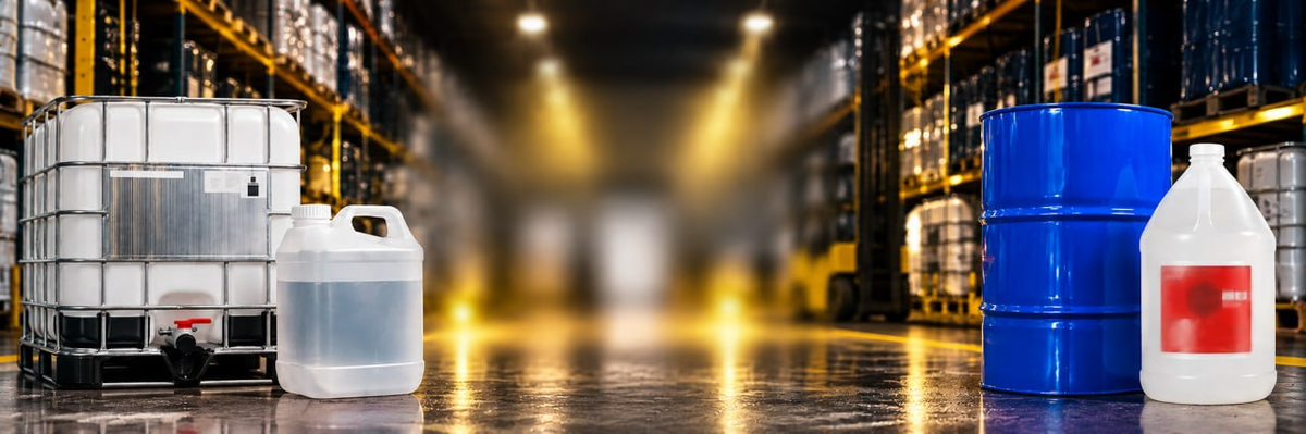 Liquid solvents containers in warehouse